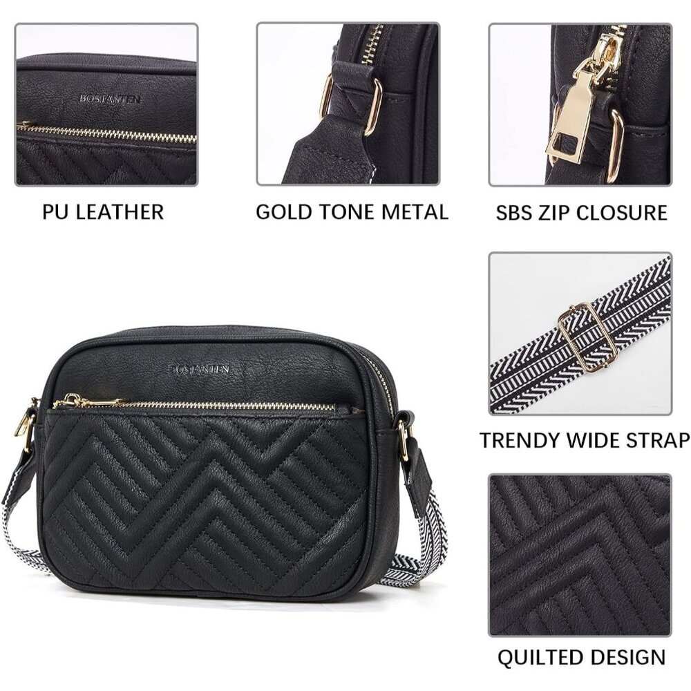 Quilted Vegan Leather Crossbody Black Bag Women Wide Strap and Shoulder Use - Picture 5 of 8